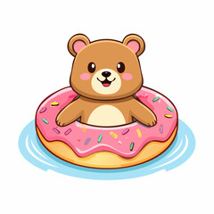 Cute Bear Floating on Donut Pool Float.