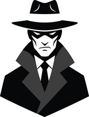 Mysterious secret agent character illustration, detective in hat and coat, spy logo design, noir style silhouette, security and investigation concept vector