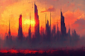 Sunrise over a futuristic city, painted in vibrant hues
