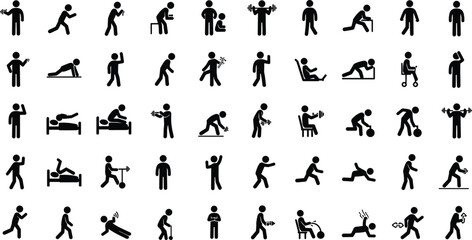 Physical therapy exercise stick figure icons, rehabilitation and fitness activity poses vector illustration, medical recovery, physiotherapy movement training symbols collection design