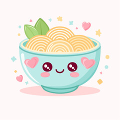 Cute bowl of noodles with smiling face and hearts.