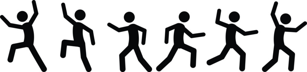 Running and jumping stick figure icons set, human motion poses, fitness activity, exercise, movement, sport action, workout and agility concept vector illustration