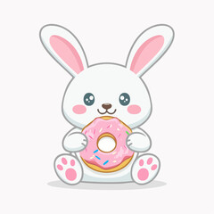 Cute Bunny Holding a Donut Cartoon Illustration.