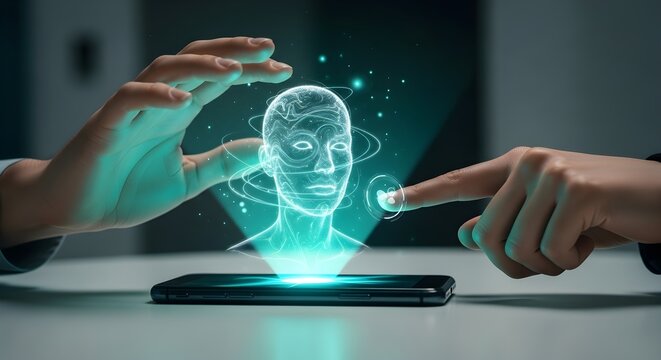 Hands interacting with a holographic human head projected from a smartphone on a white surface