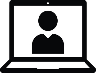 Silhouette vector illustration of person on laptop screen, online video call icon, digital meeting, remote communication, simple minimal black pictogram design
