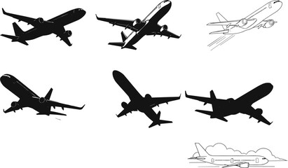 Airplane silhouette vector set, aircraft illustrations in flight and takeoff, aviation design elements, jet plane views for commercial use