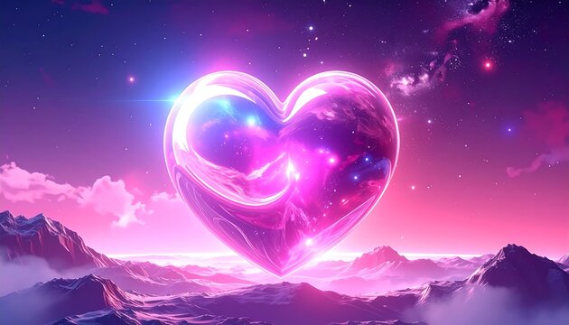 Glowing, heart-shaped nebula floats over purple fantasy landscape