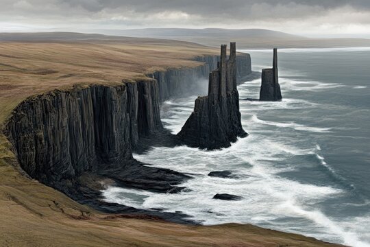 Dramatic coastal cliffs, dark rock formations, powerful waves