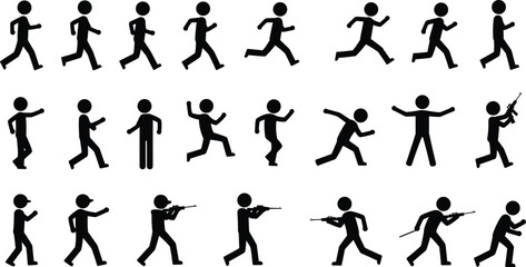 Stick figure silhouette actions, walking running poses, military training, holding gun weapon, action motion sequence, character movement, exercise, fight, defense, vector design illustration