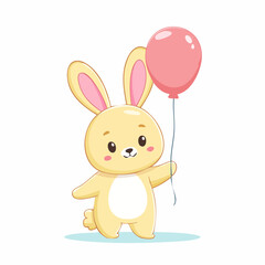Cute cartoon bunny holding a pink balloon standing on a light blue surface isolated on a white background adorable and cheerful character.