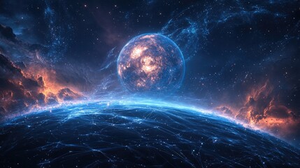 Obraz premium Stunning Cosmic Landscape with Glowing Planet and Nebula Formation