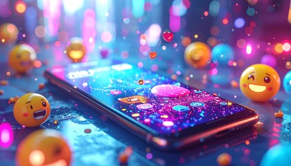 Colorful rendering of a phone surrounded by glowing emojis, bokeh