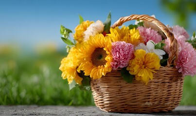 Fototapeta premium A woven basket filled with exquisite flowers, brightly colored sunflowers