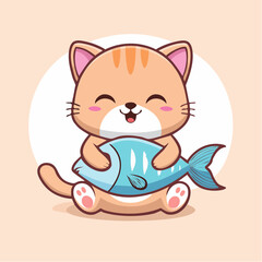 Cute cartoon cat holding a big fish.