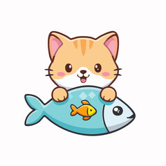 Cute cartoon cat holding a fish illustration.
