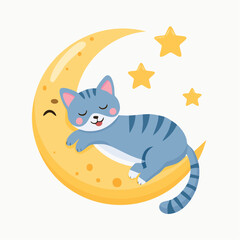 Cute cartoon cat sleeping peacefully on a crescent moon with stars.