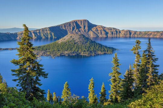 Crater Lake, a vibrant blue lake encircled by a volcanic island
