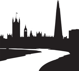 Naklejka premium Black silhouette of London skyline with river Thames in foreground black and white 1