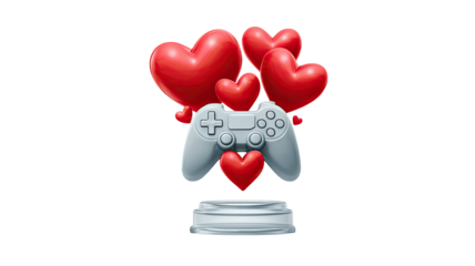 3d gaming trophy mobile game controller and hearts isolated on white background