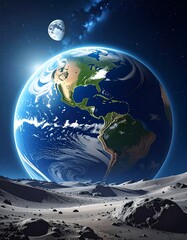 Fototapeta premium Planet and moon in a space scene. Earth glowing, lunar surface below