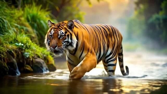 Majestic Tiger Strolling Through Jungle Stream - A Wildlife Adventure.
