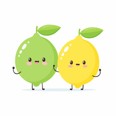 Cute cartoon lemon and lime characters holding hands.