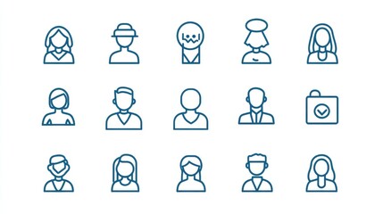 Diverse Collection of Simple Line Icons Representing People and Faces
