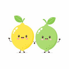 Cute cartoon lemon and lime holding hands together with smiles.