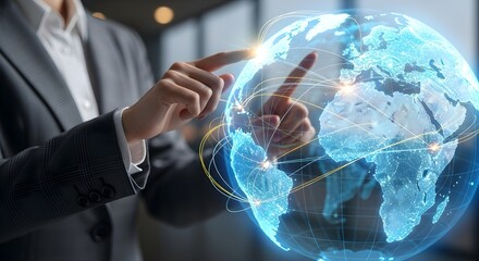 Person in suit interacting with a digital globe showing global connections and network technology