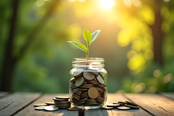 Green plant growing from a glass jar filled with coins symbolizing financial growth and investment in a natural outdoor setting