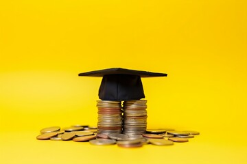 Symbolic graduation cap perched atop a tall stack of coins representing the high cost of education and financial investment in learning