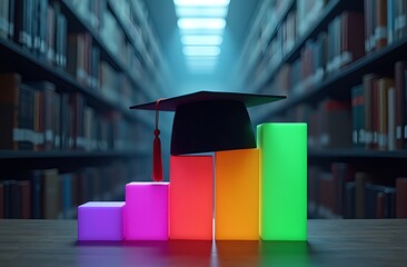 Graduation cap atop colorful ascending bar graph symbolizing educational achievement and academic success in a library setting