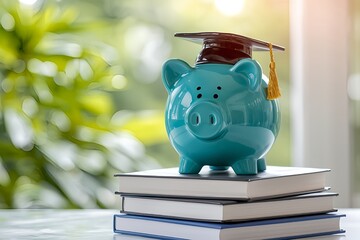 Turquoise piggy bank wearing a graduation cap sits on a stack of books with a soft green natural background