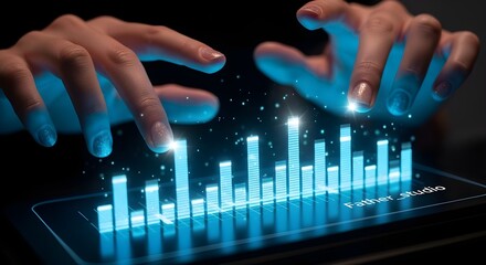Hands interacting with holographic bar graph on tablet displaying financial data analysis trends