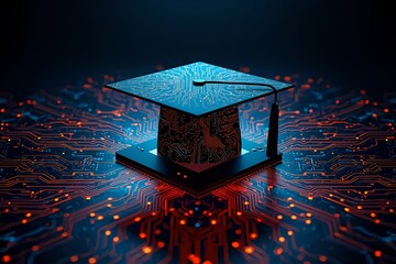 Digital graduation cap on circuit board symbolizing technology education and future learning in a connected world