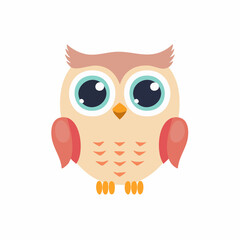 Cute cartoon owl with big turquoise eyes isolated on a white background.