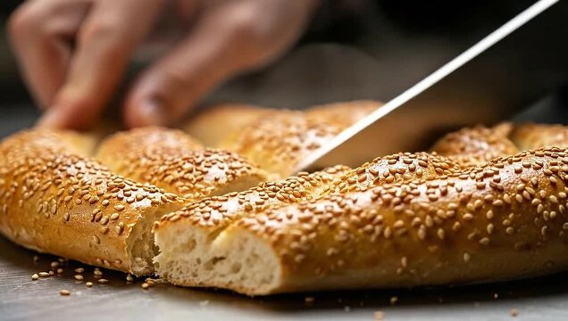 Close-up view showing a hand cutting a sesame-covered bread roll with a shiny knife