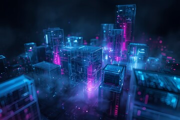 Futuristic neon cityscape at night with glowing skyscrapers and vibrant blue and pink light beams illuminating the urban skyline