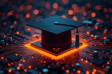 Futuristic graduation cap symbolizing digital education and technological advancement on a glowing circuit board with bokeh lights
