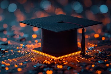Futuristic graduation cap illuminated with glowing orange light on a circuit board representing technological education and innovation