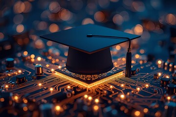Graduation cap resting on a glowing computer chip surrounded by illuminated circuit board elements symbolizing digital education and technology