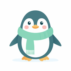 Cute Cartoon Penguin Wearing a Green Scarf on a White Background.