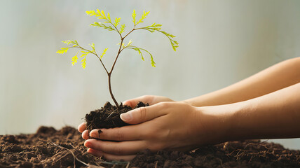 Child's Hands Carefully Planting a Small Green Tree Sapling