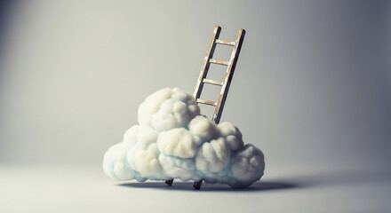 Surreal scene of wooden ladder emerging from soft white cloud on gray background