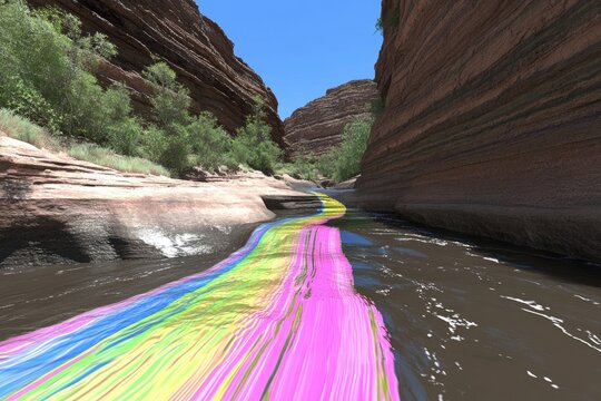 Colorful river flowing through a red rock canyon