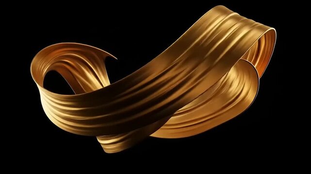 Dynamic 3D illustration of a golden silk ribbon twisting in a fluid motion, creating an elegant and luxurious abstract form on a black background