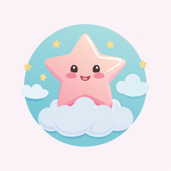 Cute cartoon star character sitting on clouds with stars.