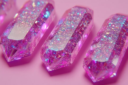 Three iridescent, sparkly, pink crystals in a row on a pink background - Powered by Adobe