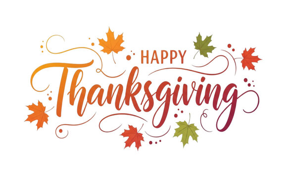 Colorful Happy Thanksgiving Script Lettering with Autumn Maple Leaves and Swirls Vector Illustration on Transparent Background for Holiday Greetings Cards and Festive Designs