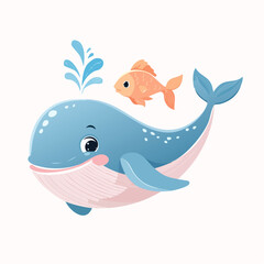 Cute Cartoon Whale and Goldfish Swimming Together in Ocean.